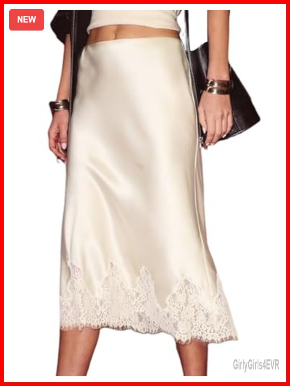 Satin Midi Skirt Womens Flowy Lace Trim A-Line Elastic Waist Formal